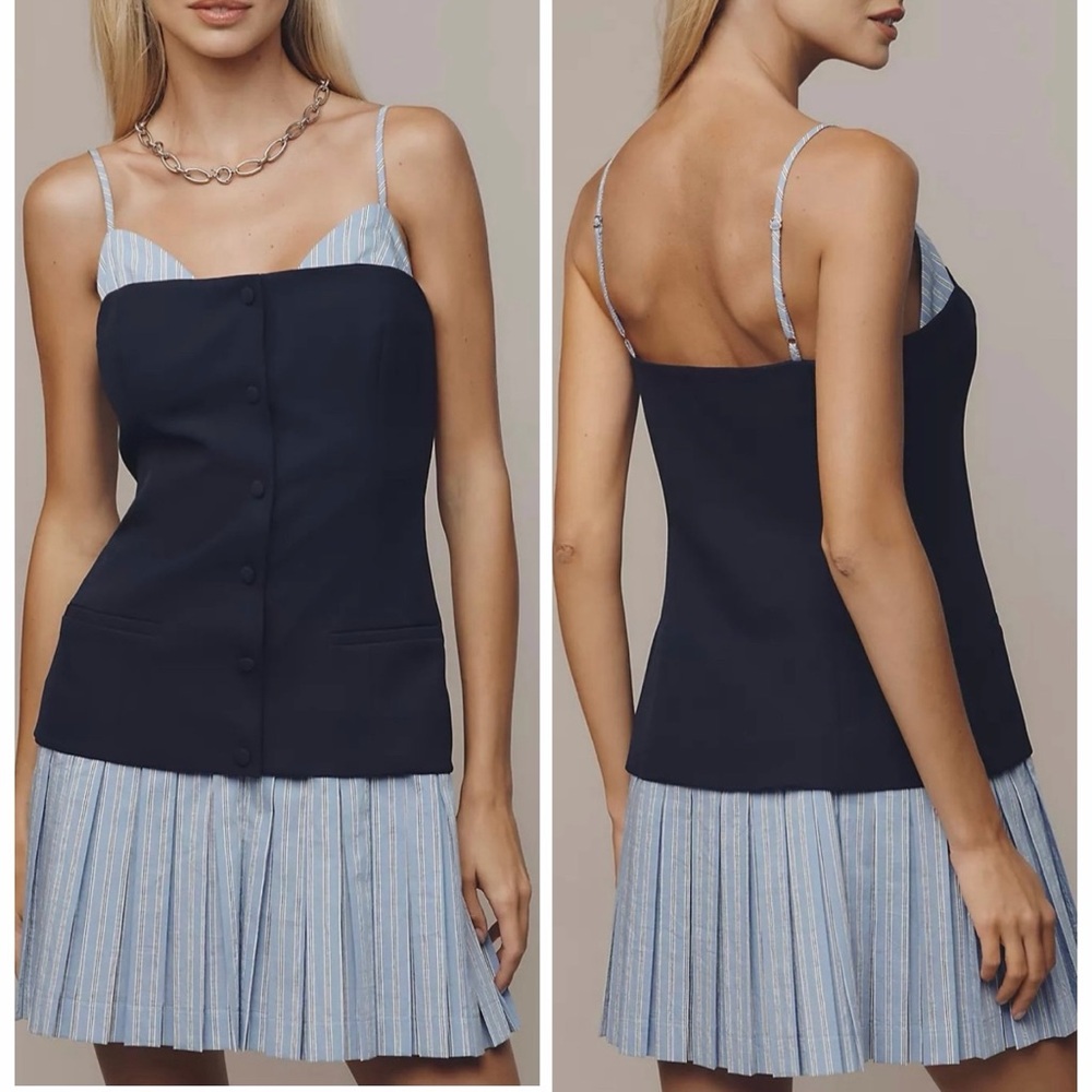 NEW Anthropologie Maeve Sleeveless Peekaboo Twofer Mini Dress Navy Blue L